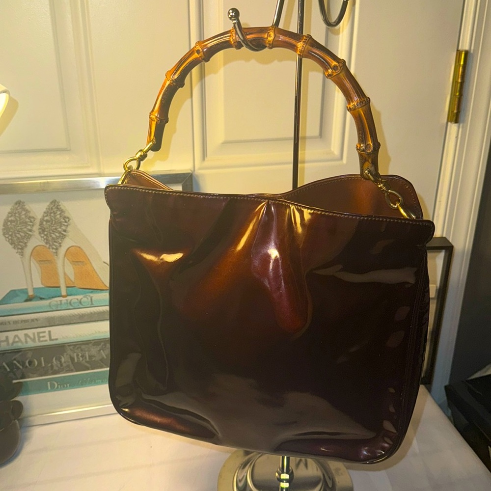 GUCCI Medium Diana Bamboo Handle Chocolate Enamel Leather Women Shoulder Bag GUC - Picture 3 of 15